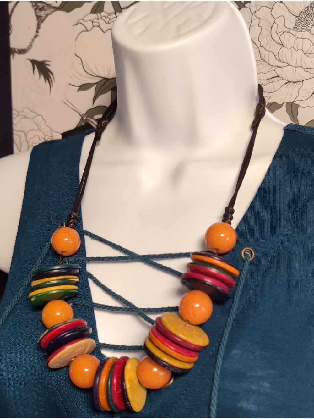 Wooden Clacker Disc Necklace On A Sliding Silk Cord